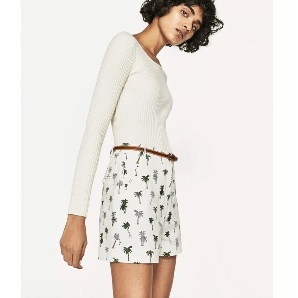 Zara High Rise White Bermuda With Green Palm Tress Pockets Shorts XS